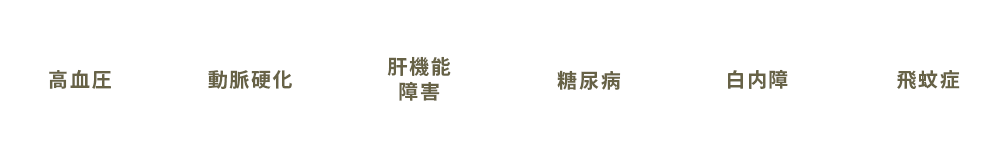 高血圧、動脈硬化、肝機能障害、糖尿病、白内障、飛蚊症